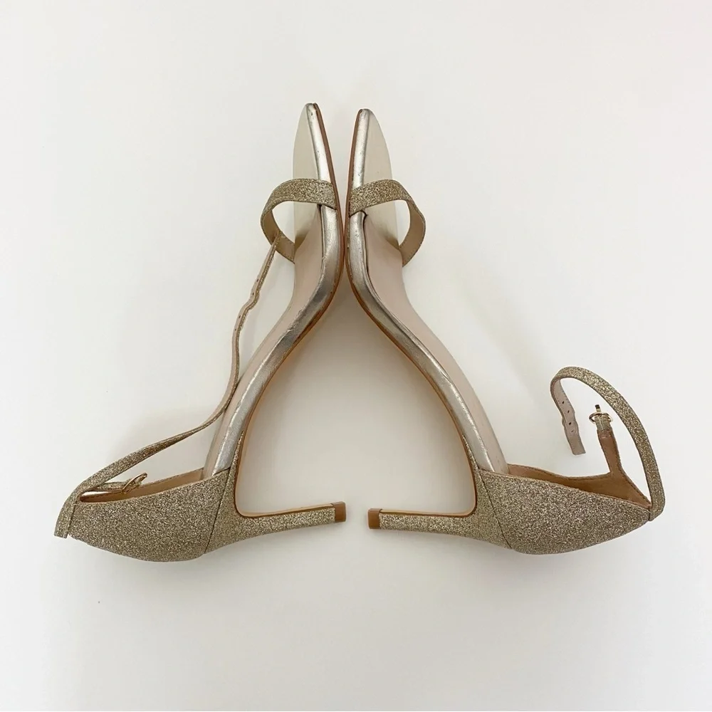 Stuart Weitzman Amelina Glitter Gold Ankle Strap Sandals Heels